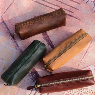 节日小礼品笔袋纯色头层牛皮文具袋化妆刷包办公收纳拉链款 高颜值