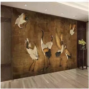 中式复古仙鹤祥云茶室壁画餐厅客厅沙发背景墙纸书房卧室床头壁纸