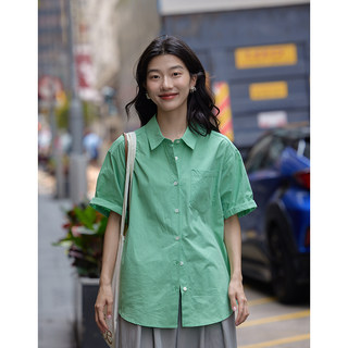 觅定绿色短袖衬衫女夏装新款设计感小众超好看气质独特衬衣上衣薄
