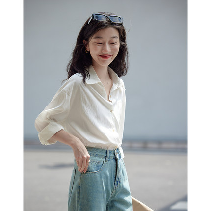 觅定白色衬衫女秋季设计感小众气质衬衣韩版宽松小个子长袖上衣