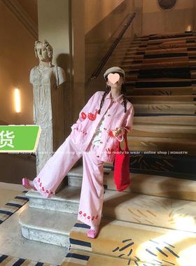 Mona家 粉色蓝色 亚麻小众衬衫 直筒中腰裤子女小个子套装 2025新