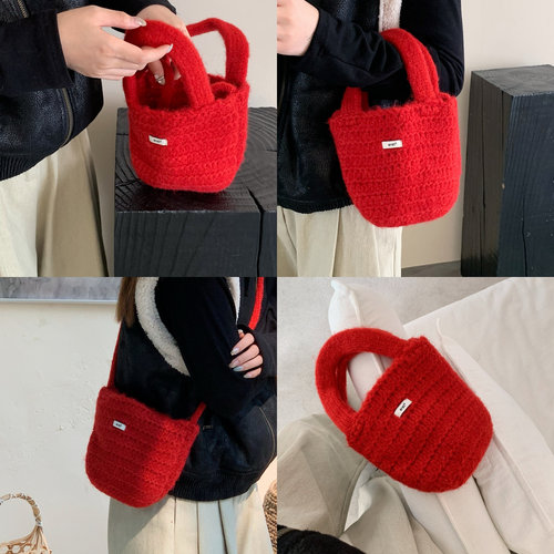 韩代红色氛围感斜挎手拎包