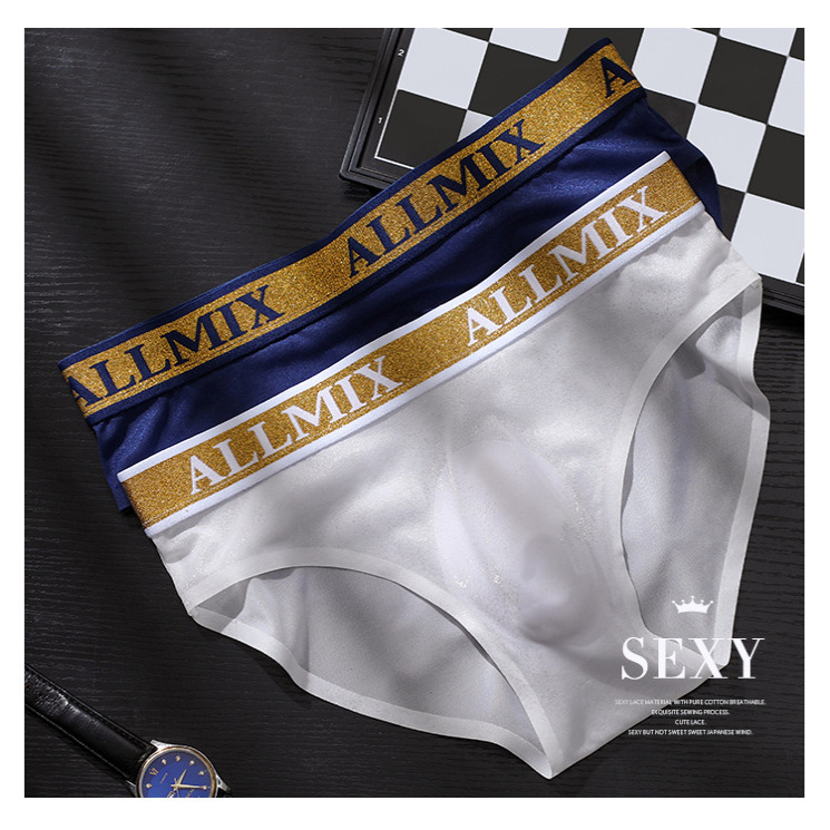 新男士内裤3D凸囊性感字母半透明冰丝镂空蕾丝薄款三角裤