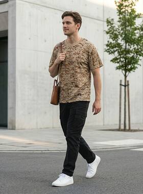 男士迷彩T恤夏季圆领短袖户外运动休闲网红薄款透气网眼速干上衣