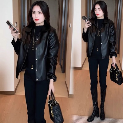 秋季小个子时尚短款皮衣外套女