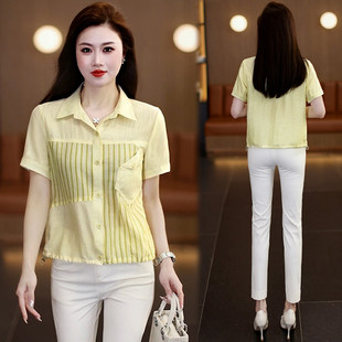 条纹拼接短袖衬衫女夏季2026年新款时尚洋气小衫减龄显瘦收腰上衣