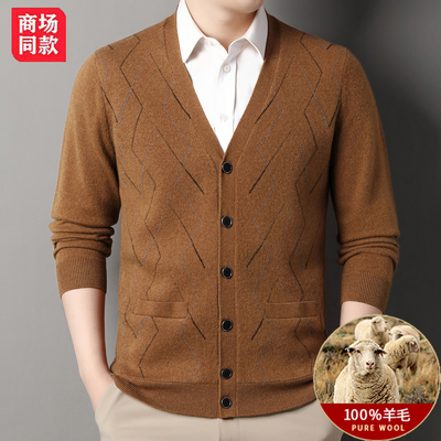 恒源祥100%绵羊毛秋冬新款男士商务时尚休闲V领针织开衫毛衣外套