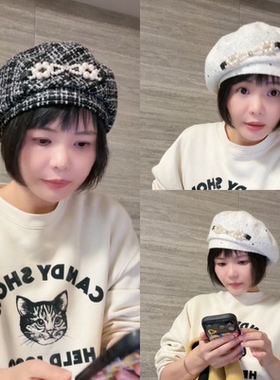 国现ca4la shk01386 小香风珍珠贝雷帽TWEED BERET