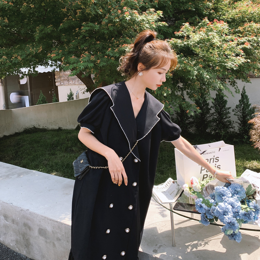 赫本风海军领黑色连衣裙女夏2025新款宽松显瘦遮肚子鱼尾长裙及踝，女装连衣裙，浙宝229