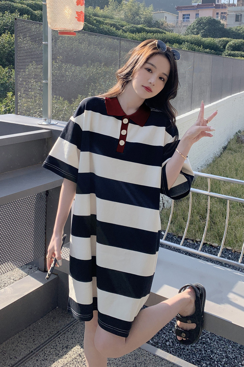 现货2022新款夏装Polo领条纹T恤裙子229-8171-P95控148,女装连衣裙,浙宝229
