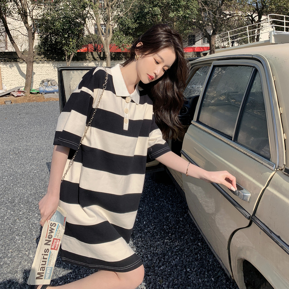 现货2022新款夏装Polo领条纹T恤裙子229-8171-P95控148,女装连衣裙,浙宝229