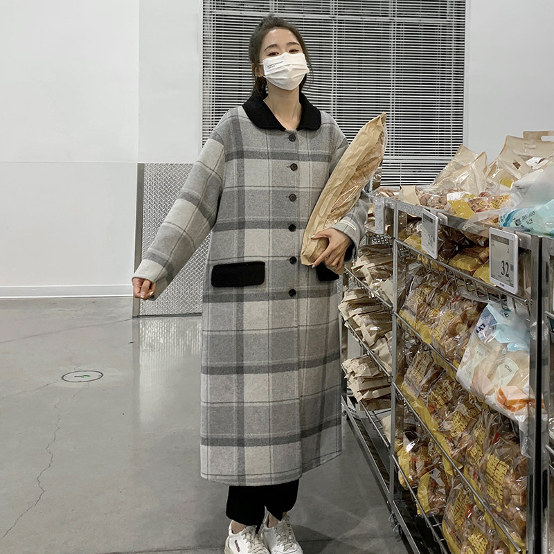 【现货】领子拼色格子双面呢大衣229-8205-P280控398，女装毛呢外套，浙宝229