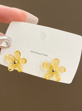 树脂透明黄色花朵耳钉女小清新仙气百搭耳环甜美设计感耳坠银针