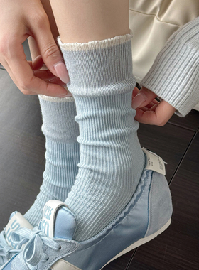 浅蓝色小腿袜女春款甜美白色中筒袜竖条纹黄色棉短袜子灰色堆堆袜