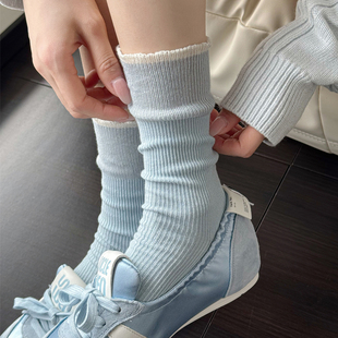 浅蓝色小腿袜女春款甜美白色中筒袜竖条纹黄色棉短袜子灰色堆堆袜