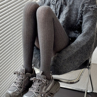 深灰色连裤袜秋冬微透薄款烟灰丝袜miu宽条白色打底裤显瘦外穿女