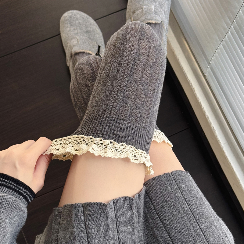 过膝袜棉麻花格雷系烟灰色长筒袜