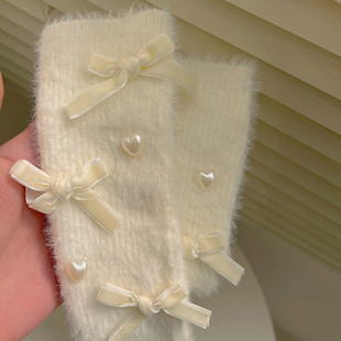 日系冬季蝴蝶结保暖中筒堆堆袜加厚地板袜加绒白色小腿袜短袜子女