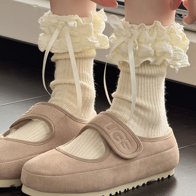 米白色小腿袜女秋冬款加厚灰色中筒堆堆袜甜美花边蝴蝶结棉短袜子