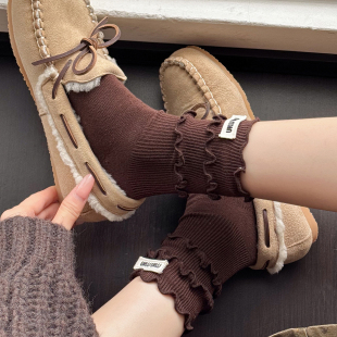 美拉德咖啡色短袜子女秋冬棉质条纹浅灰色中筒堆堆袜米白色小腿袜