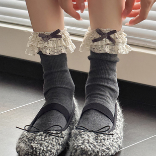 春秋款 烟灰色中筒袜日系jk米白色小腿袜女蕾丝花边蝴蝶结咖啡短袜