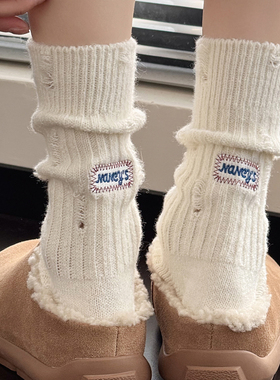秋冬灰色小腿袜女加厚保暖白色中筒袜羊毛针织棉ins潮堆堆短袜子