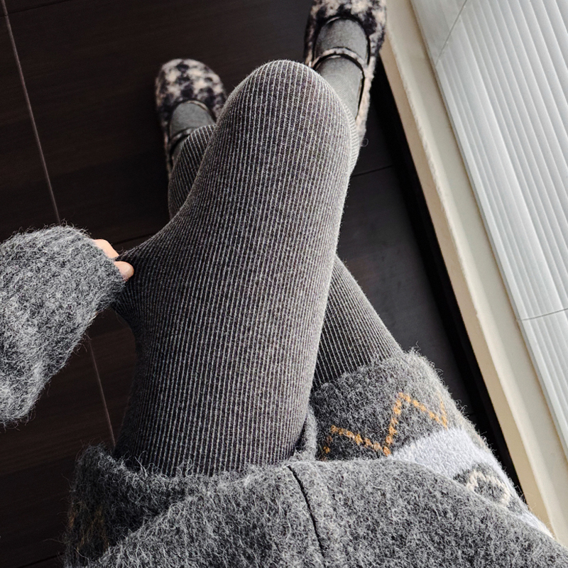 深灰色打底裤秋冬款加绒加厚白色连裤袜竖纹咖色踩脚袜烟灰外穿女