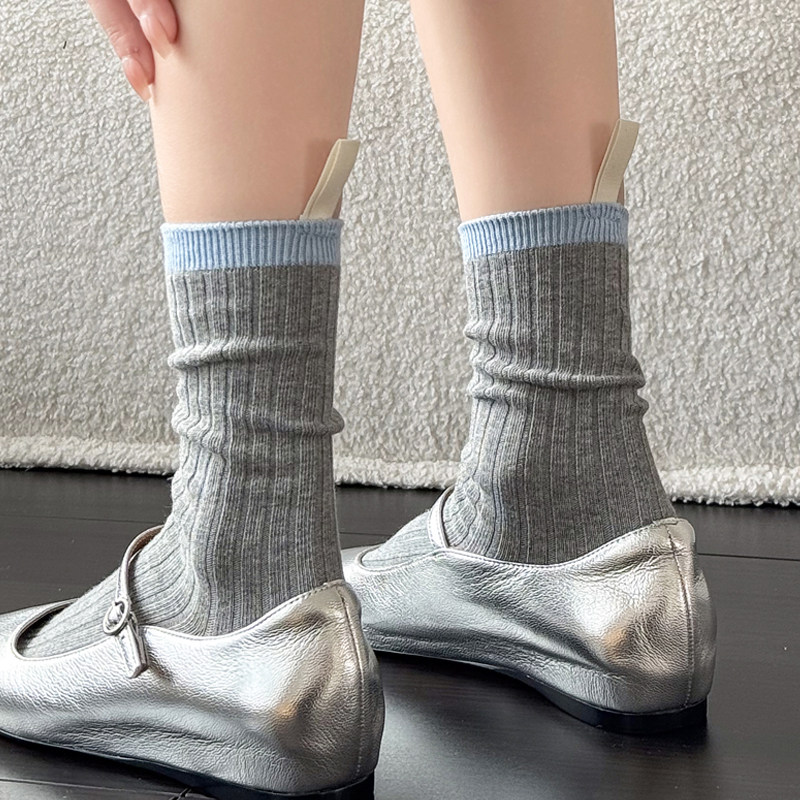春夏款棉拼接灰色中筒袜堆堆袜学院风白色小腿袜女甜美短袜子百搭
