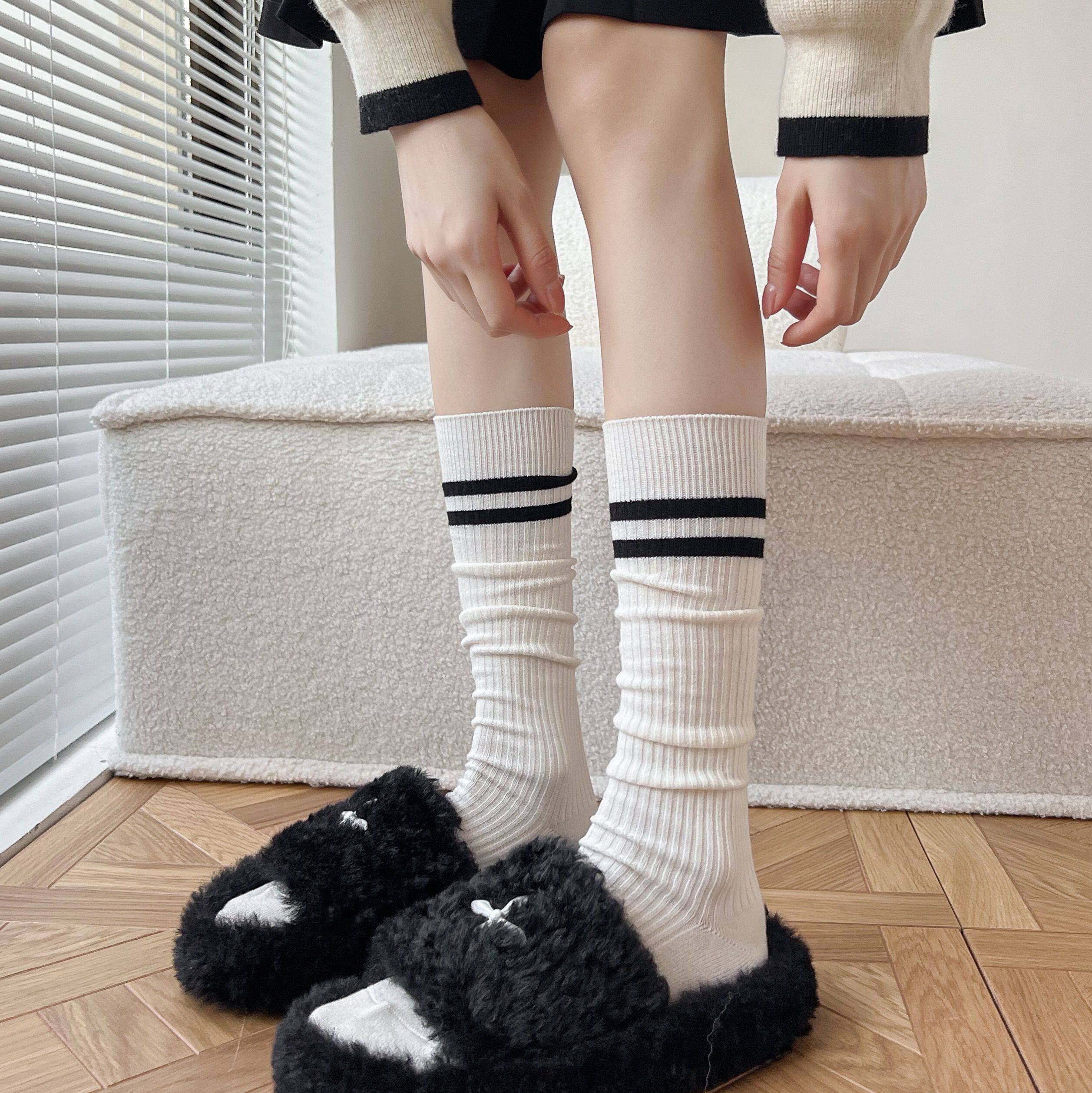 JK奶白色小腿袜女春秋款学院风条纹黑色堆堆袜日系甜美白色中筒袜