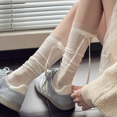 春夏季 JK米白色小腿袜女蕾丝花边堆堆袜lolita蝴蝶结中筒袜子 薄款