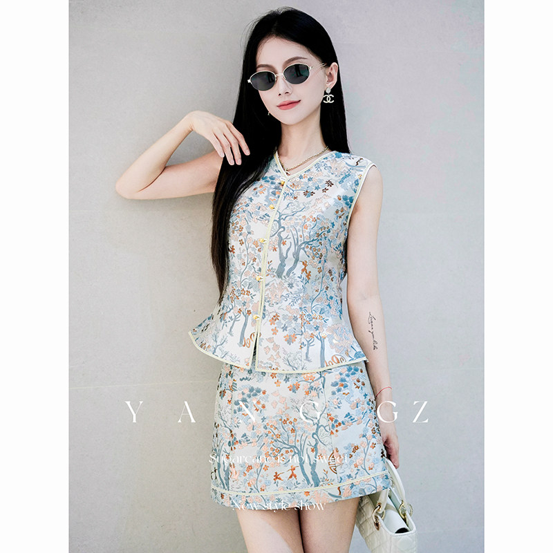 YANG GZ【高山流水】新中式国风改良福禄寿喜纹马甲半裙套装女