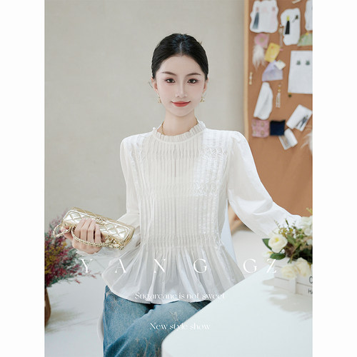 显瘦花边领长袖衬衫百搭上衣女