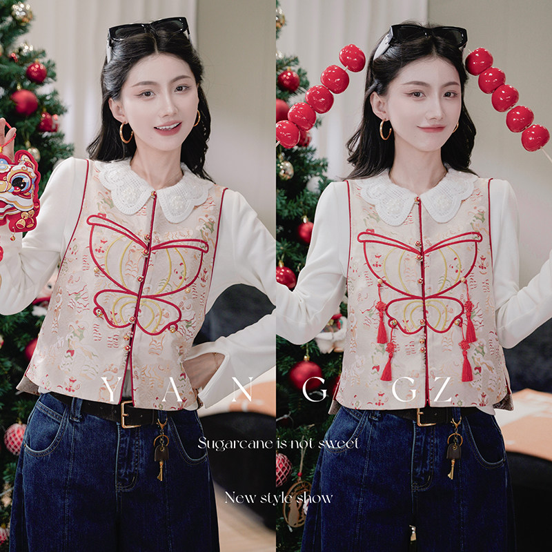 YANG GZ【福蝶迎春】新中式新款国风蝴蝶圆领开衫马甲外穿上衣女,女装/女士精品,汉服上装,淘宝优惠券,粉丝福利购,淘宝优惠卷