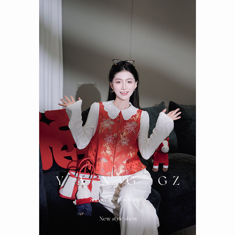 YANG GZ【花火绽放-红】新中式新款秋冬马纹圆领马甲外穿上衣女,女装/女士精品,汉服上装,淘宝优惠券,粉丝福利购,淘宝优惠卷