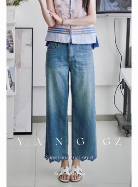 YANG GZ【冰岛落日】新中式新款蓝色九分直筒裤花边牛仔裤女