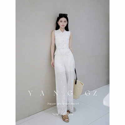 设计感透气缠枝纹蕾丝拼接套装女