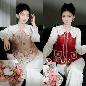 YANG GZ【春风双至】新中式新款马纹织带圆领开衫马甲外穿上衣女