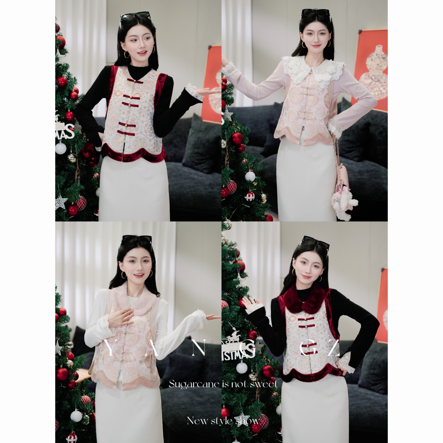 新款宝相花毛领翻领马甲上衣女