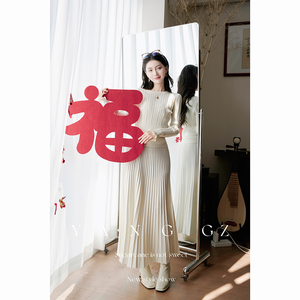 YANG GZ【玉桂融雪】新中式新款竖坑条纹针织上衣＋半裙套装女