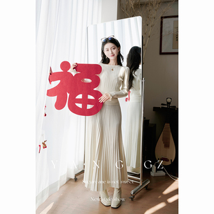 YANG GZ【玉桂融雪】新中式新款竖坑条纹针织上衣+半裙套装女