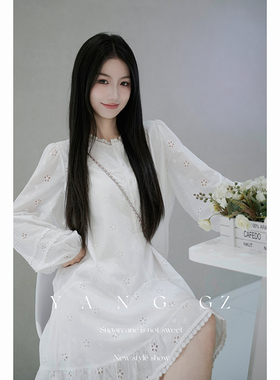 YANGGZ【茶话会】夏季新款镂空刺绣荷叶下摆连衣裙女白色长袖短裙
