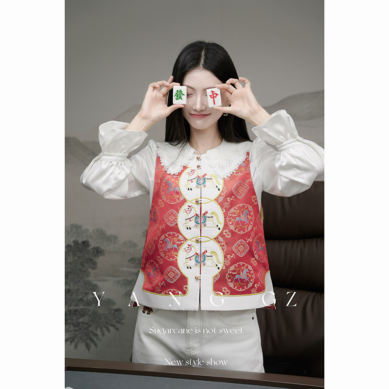 YANG GZ【策马奔腾】新中式飞马铜钱纹圆领开衫马甲上衣外穿女,女装/女士精品,汉服上装,淘宝优惠券,粉丝福利购,淘宝优惠卷