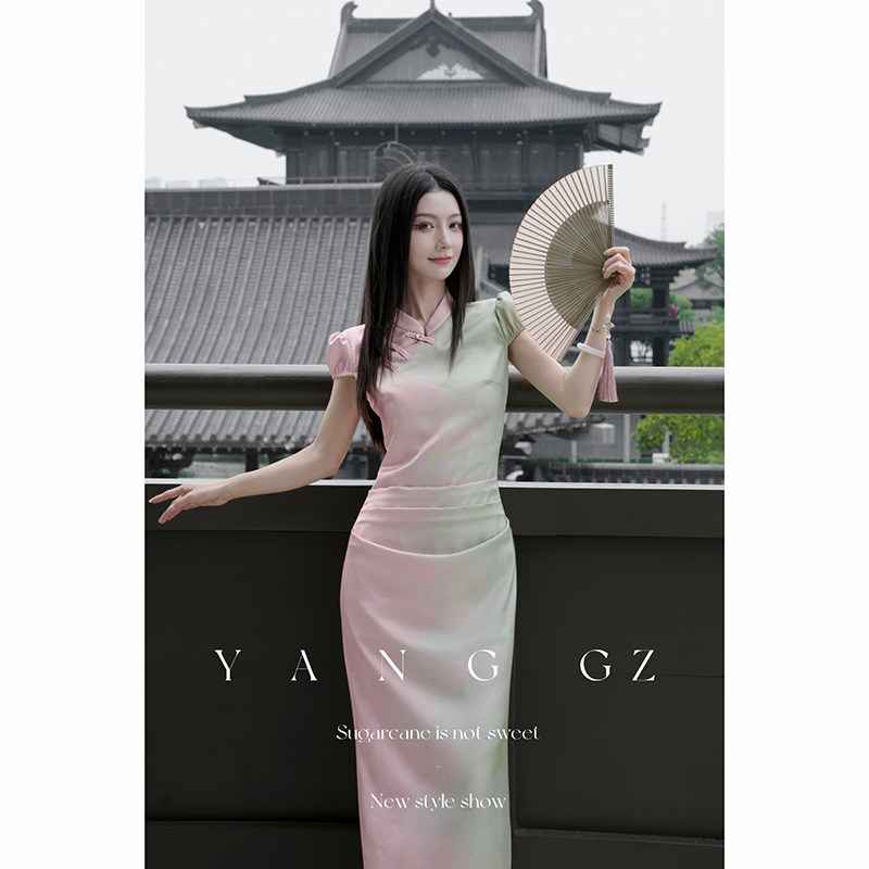 YANG GZ【花旦青衣】新中式渐变微立领短袖旗袍女夏气质显瘦长裙