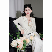 莱赛尔翻领蝴蝶钉珠打底衫 YANG 上衣女 新中式 新款 锦蝶金章