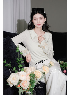 新款翻领蝴蝶钉珠打底衫上衣女