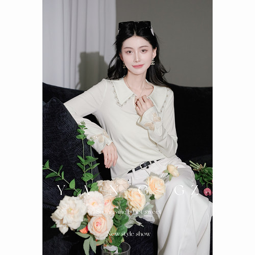新款翻领蝴蝶钉珠打底衫上衣女