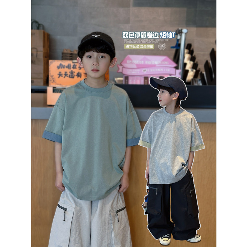 凯文家童装2026年春季新款男童中大童韩版撞色休闲短袖圆领T恤衫