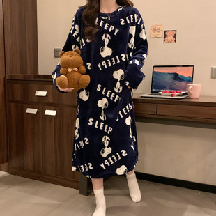 新款秋冬睡裙女长袖保暖珊瑚绒韩版卡通史努比可爱学生长款睡衣裙