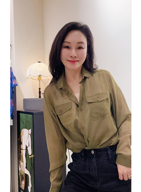 安西娅 通勤百搭绿色系波点真丝衬衣