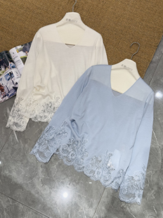 安西娅 棉羊毛下摆蕾丝拼接上衣